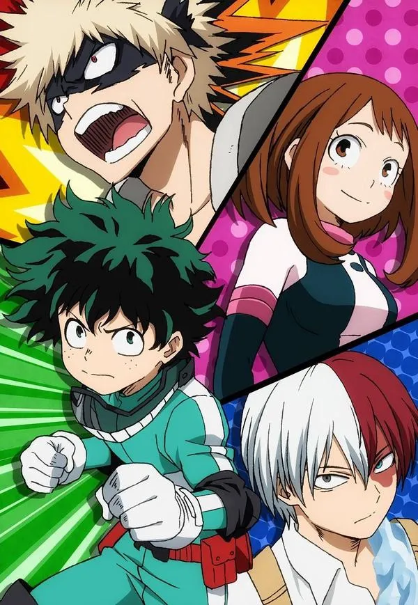 Deku, Uraraka, Bakugo và Todoroki đứng sát nhau, biểu cảm vui khỏe khiến ảnh nền siêu anh hùng học đường thân thiện