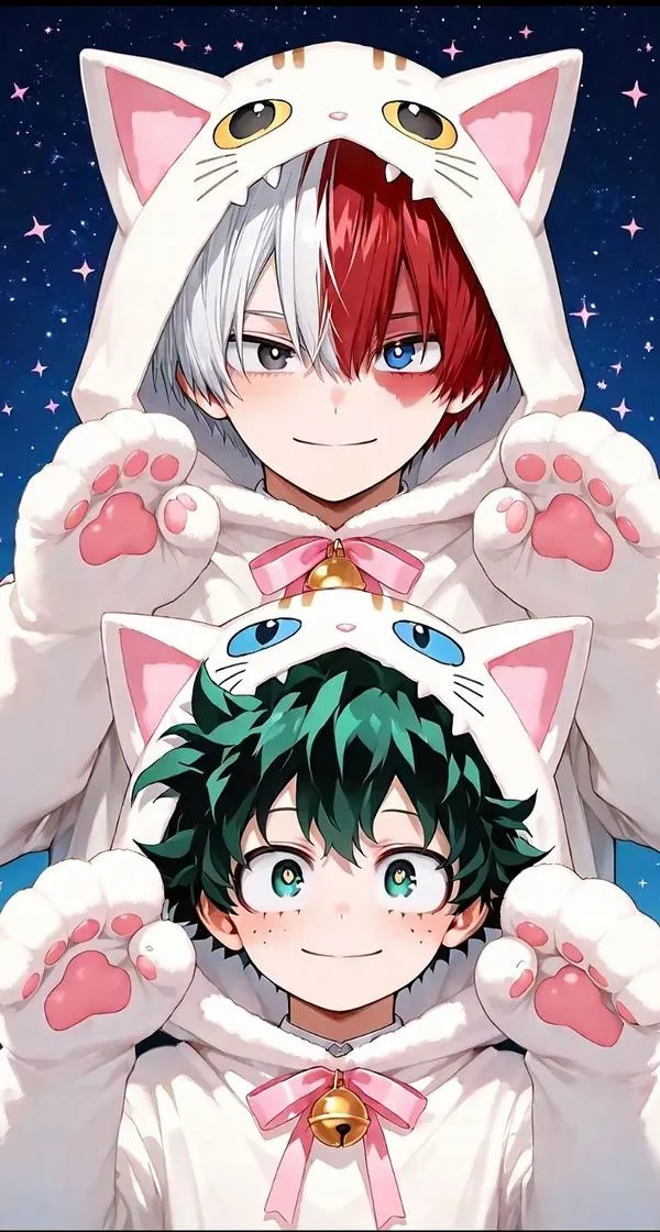 Todoroki đội mũ mèo ôm Deku chibi trong nền tuyết hồng, biểu cảm ngại ngùng tạo cảm giác dễ thương