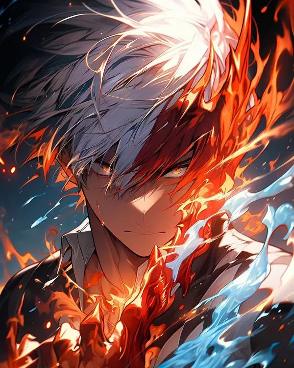 Todoroki nhìn nghiêng giữa lửa cam và băng trắng, mái tóc bay rối làm hình nền My Hero Academia cuốn hút