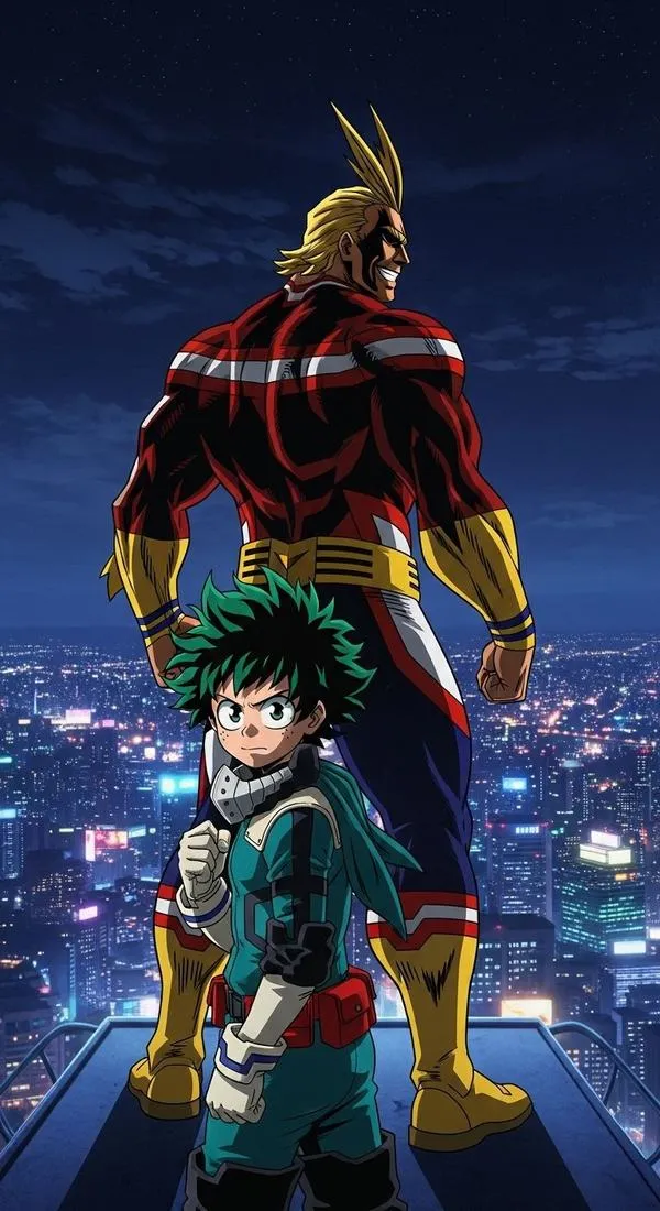 All Might đứng sau Deku trên nóc nhà đêm, ánh thành phố xanh thẫm làm cảnh kế thừa trang trọng