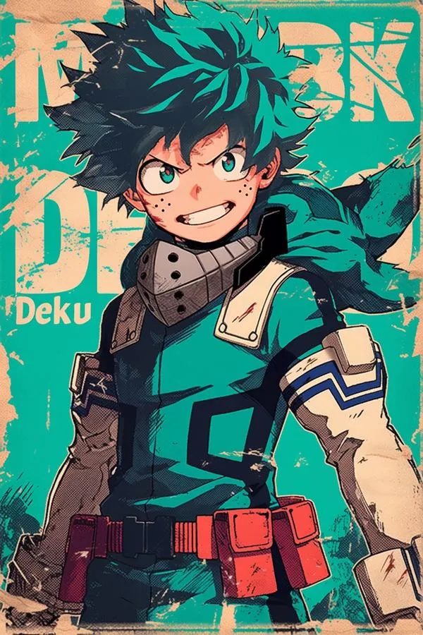 Deku mặc trang phục chiến đấu xanh, nở nụ cười căng tràn năng lượng trên nền áp phích vàng cam tươi sáng