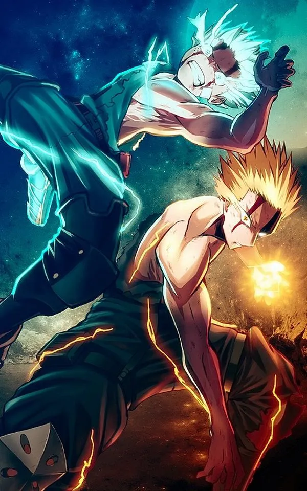 Ảnh bìa Bakugo tung sức mạnh trước kẻ thù, luồng sáng xanh cam chạm nhau tạo trận đấu căng thẳng