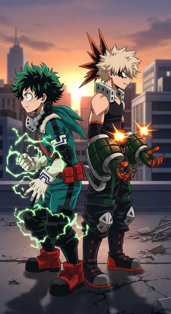 Deku và Bakugo đứng cạnh nhau trên phố chiều, trang phục chiến đấu bụi bặm tạo khoảnh khắc đồng đội ấm áp