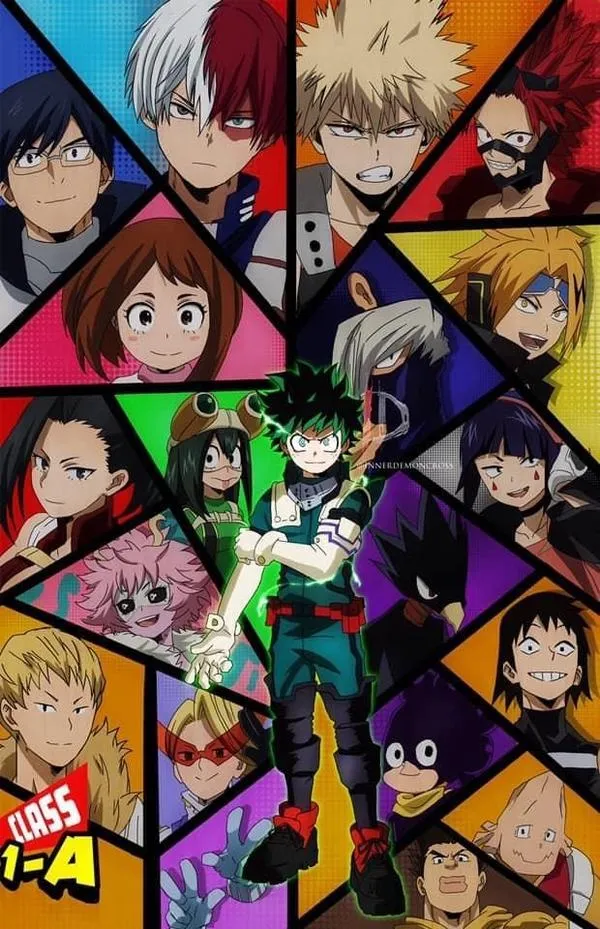 Các anh hùng và tội phạm chia ô màu mạnh, Deku đứng giữa khung tạo cảm giác truyện tranh Shonen sôi động