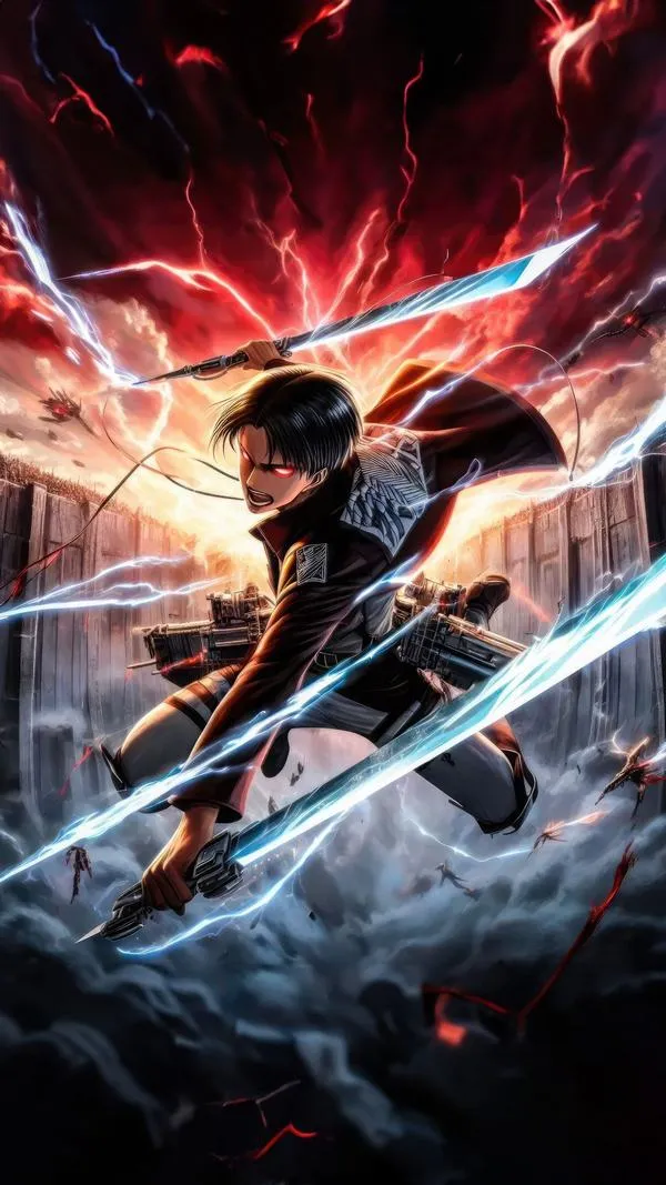 Nhân vật Levi Ackerman xoay người liên tục tạo ra những vệt sáng trắng xanh đan chéo nhau như một luồng điện mạnh mẽ thể hiện một tư thế cực kỳ kiêu hùng