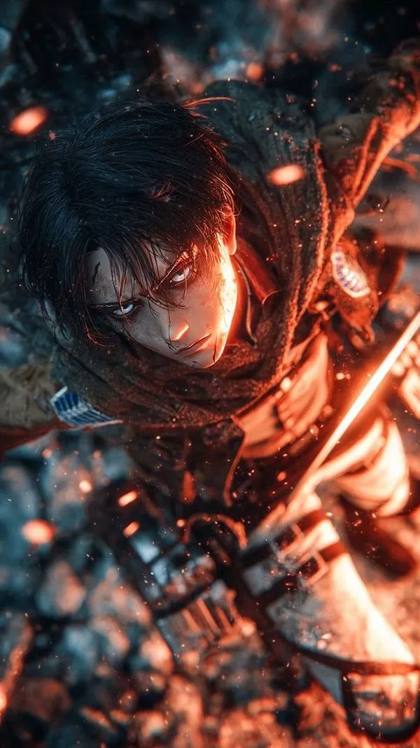Giữa những mảnh vỡ văng tung tóe từ vụ nổ lớn nhân vật Levi Ackerman vẫn bình tĩnh băng qua làn ngọn lửa đỏ rực một cách vô cùng dữ dội