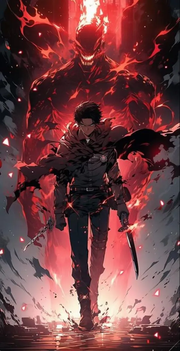 Nhân vật Levi Ackerman bước đi hiên ngang giữa đống đổ nát đầy gạch vụn với hai thanh kiếm chúc xuống đất tạo nên một thế đứng vô cùng vững chãi