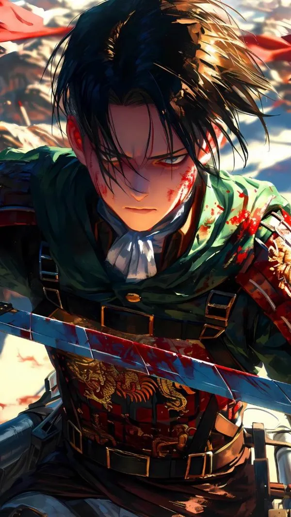 Nhân vật Levi Ackerman vung hai thanh lưỡi đao chéo nhau tạo thành một lá chắn phòng thủ kiên cố giữa những tia lửa bắn tung tóe bất chấp không gian tĩnh lặng