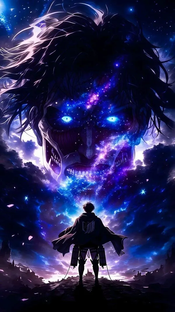 Hình bóng nhỏ bé của Levi Ackerman đứng trước một con mắt khổng lồ rực sáng xanh dương trong đêm tối cô tịch giữa một vùng đất vô cùng hoang tàn