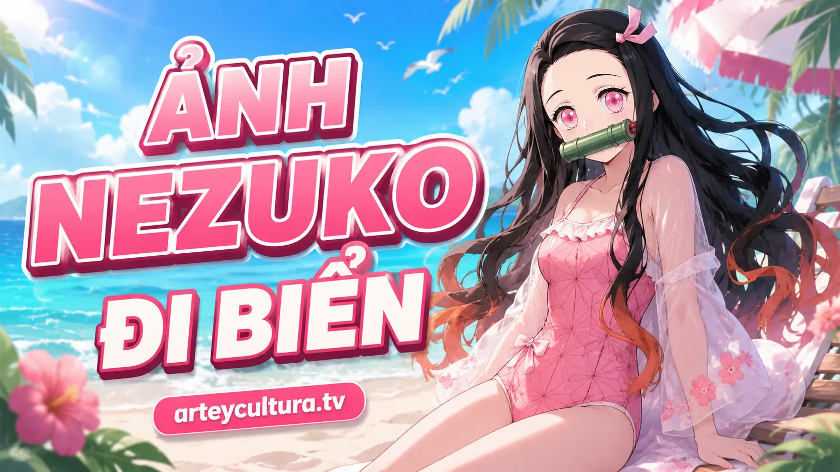 28 Ảnh Nezuko Bikini đẹp sexy phong cách mùa hè trong trẻo với tóc hồng đen và biển xanh dịu mắt