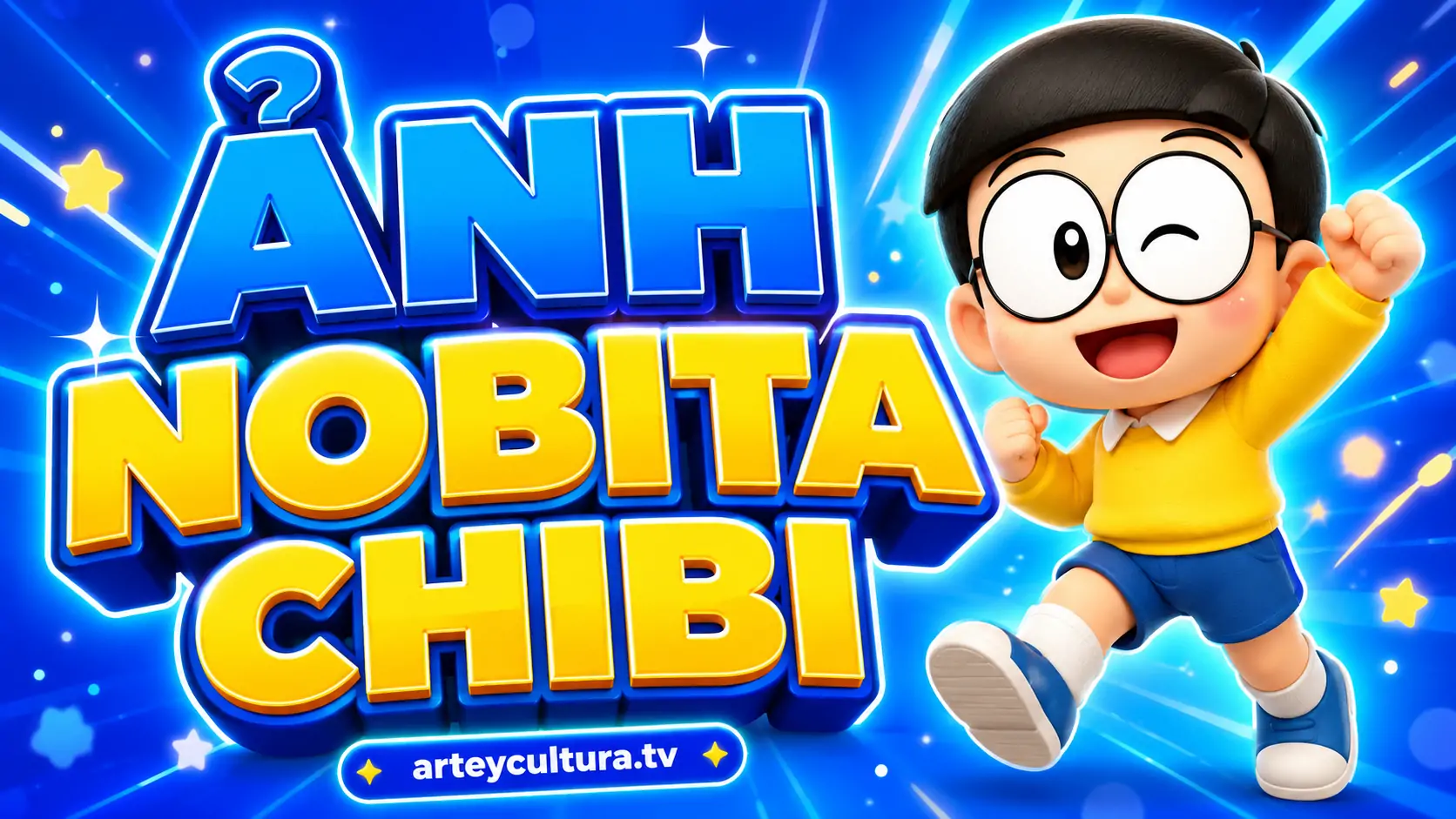 BST 45 Ảnh Nobita Chibi cute phong cách anime với áo thun vàng, quần soóc xanh quen thuộc