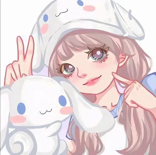 Cô gái đội mũ thỏ trắng giơ tay chữ V, mái tóc hồng nâu và nụ cười nhẹ tạo cảm giác dịu dàng trong khung pastel