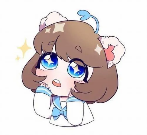 Simmy chibi ôm má nhìn lên bằng đôi mắt xanh long lanh, bộ váy trắng xanh và tai gấu nhỏ tạo cảm giác ngây thơ