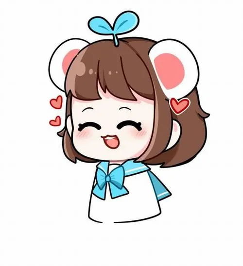 Cô bé Simmy cười nhắm mắt giữa vài trái tim đỏ, tóc nâu cài nơ xanh và áo trắng mang vibe sticker đáng yêu
