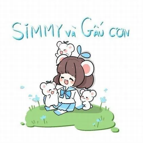 Ảnh avatar Simmy và gấu con ngồi trên thảm cỏ xanh, nét vẽ mềm cùng tông trắng xanh tạo không khí trong trẻo dễ mến