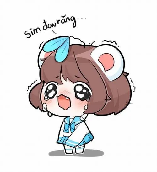 Mèo Simmy mắt ướt long lanh đứng trong dáng bối rối, tai gấu tròn và bộ đồng phục xanh trắng làm biểu cảm càng đáng yêu