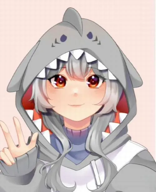 Nhân vật anime đội mũ cá mập xám vẫy tay nhẹ, mái tóc trắng và đôi mắt cam tạo cảm giác vui tươi như fanart game