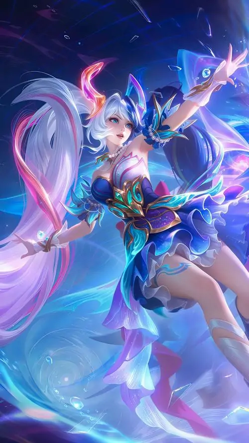 Violet Thứ Nguyên Vệ Thần nghiêng súng về phía trước, trang phục ánh kim ôm dáng và nền tinh vân làm ảnh skin SSS Liên Quân rất nổi