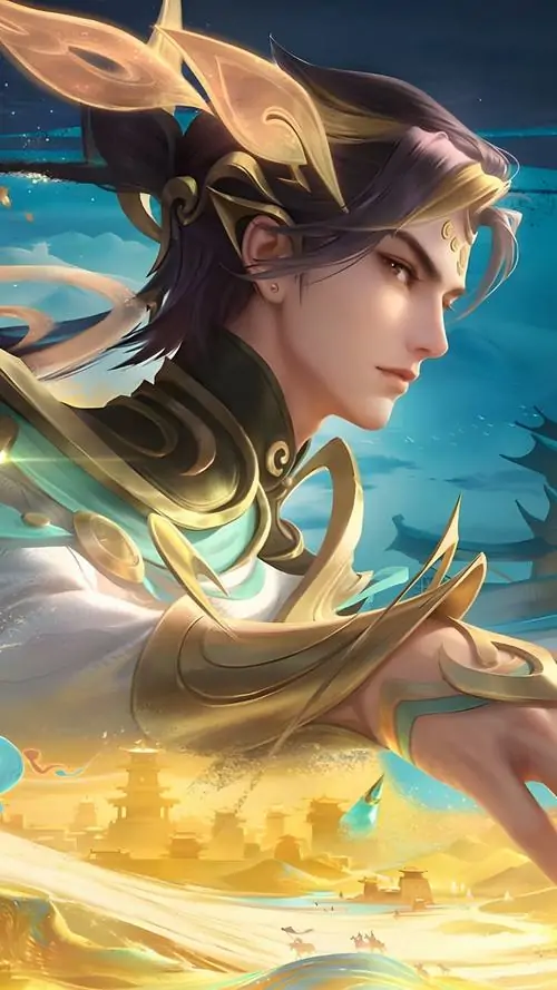 Valhein Xạ Thần Kagutsuchi được vẽ ở góc nghiêng, tóc nâu bay nhẹ, ánh vàng phủ quanh khuôn mặt và phần giáp vai
