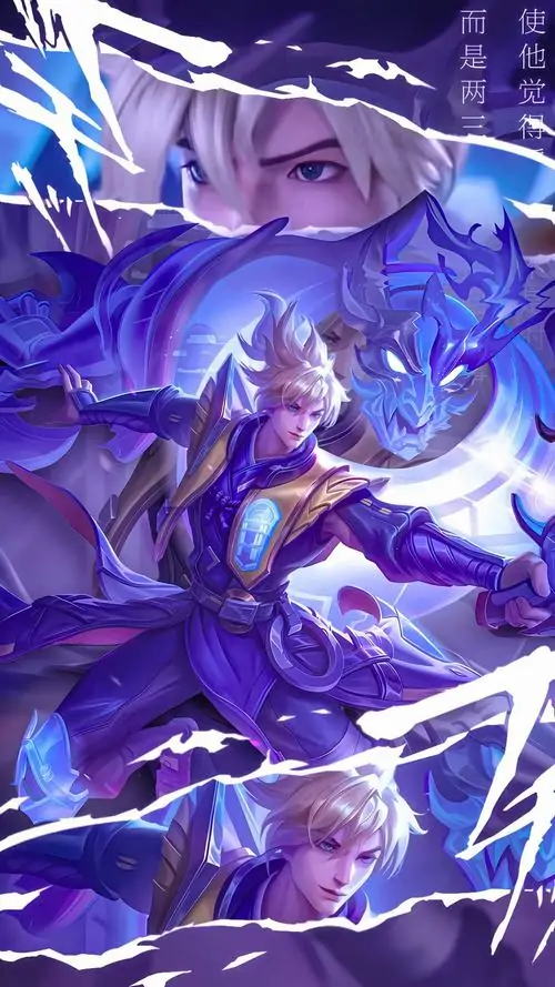 Valhein xuất hiện giữa luồng sét tím xanh, tay nâng vũ khí lạnh, gương mặt căng thẳng trong khung ảnh dọc giàu chuyển động