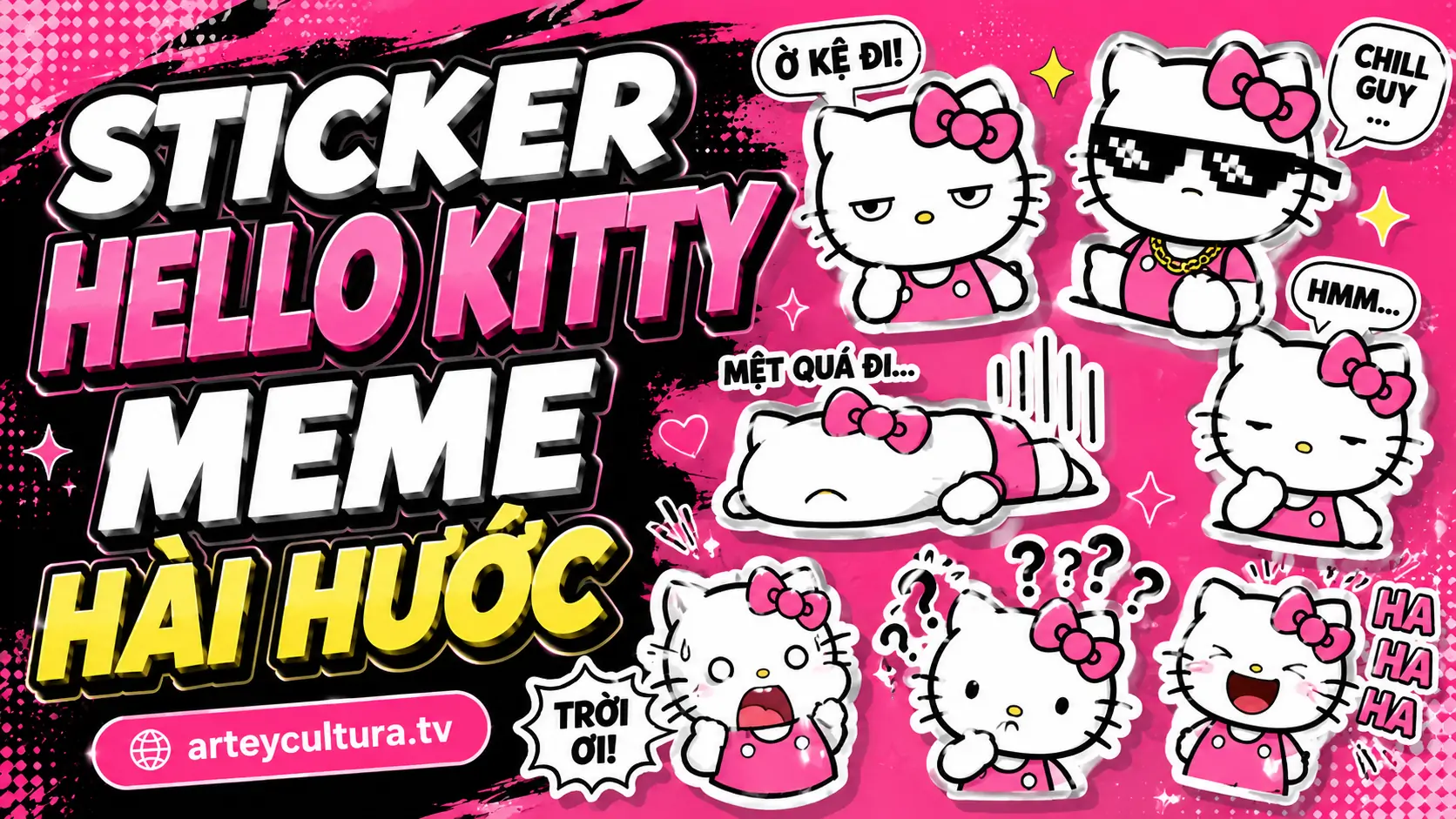 99 Sticker Hello Kitty meme hài vô tri với đôi mắt trợn ngược, thân hình cường điệu cực vui