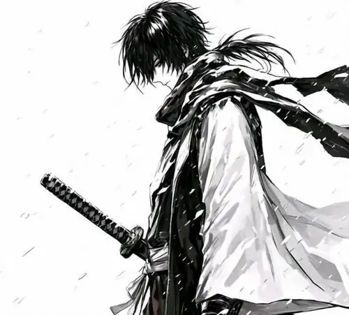 Hình ảnh một kiếm sĩ anime đeo thanh kiếm sau lưng bước đi đơn độc trong đêm tối thể hiện ý chí kiên định kiên cường