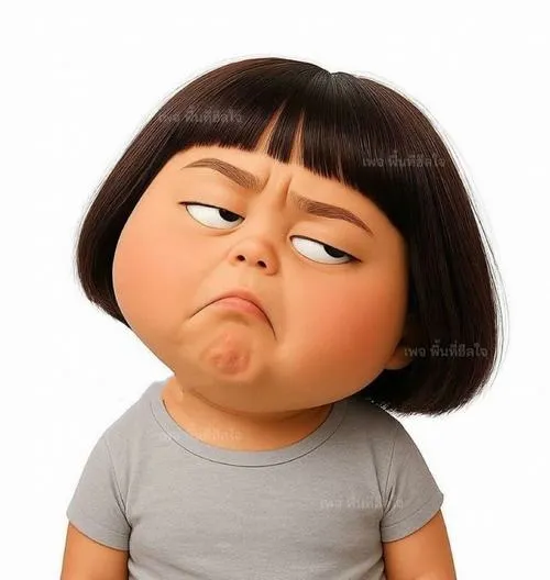 Cô bé tóc bob áo xám nhìn xéo với môi trề, ánh nền trắng sạch làm khuôn mặt khó ở hiện rõ kiểu phản ứng cạn lời