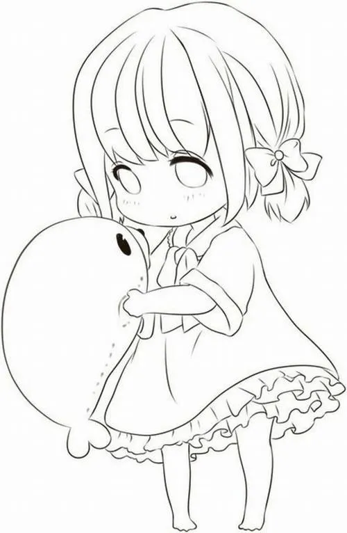 Tranh phác chibi có cô bé mặc váy phồng, một tay chạm quả bóng lớn, tóc ngắn tết nhẹ bên vai