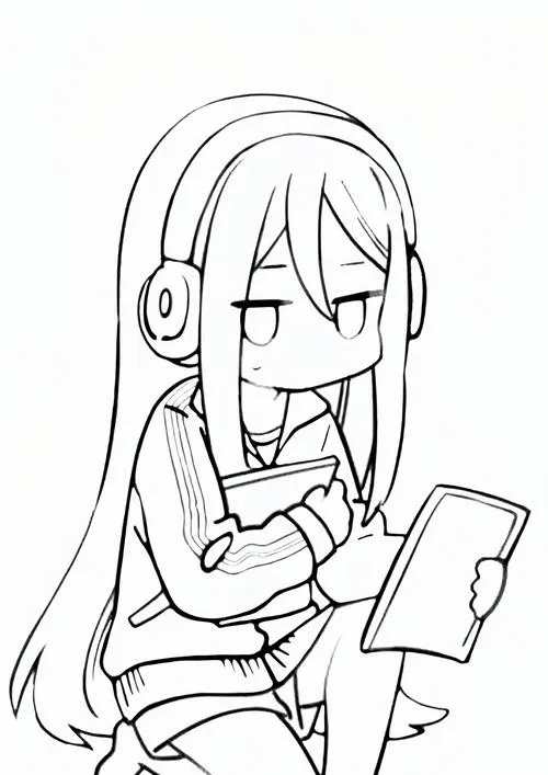 Hình manga trắng đen có cô gái tóc dài đeo tai nghe, ngồi đọc sách cùng dáng vẻ bình thản và hơi lười