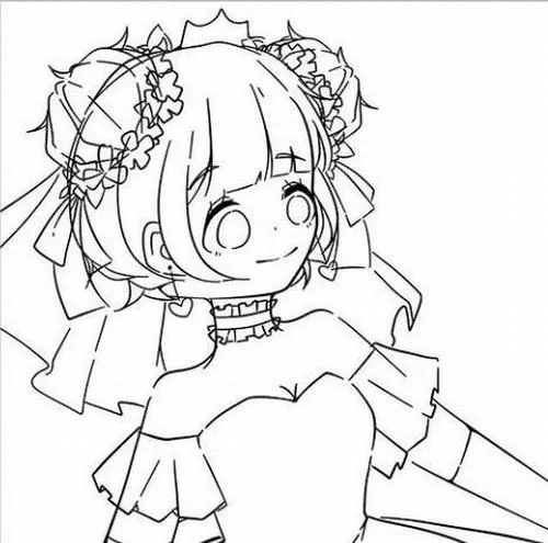 Nét vẽ chibi khắc họa cô bé đội vòng hoa, mặc váy bèo rộng, giơ hai tay như đang xoay người vui vẻ