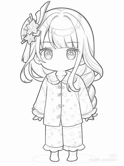 Mẫu ảnh tô màu chibi có bé gái tóc ngắn, áo khoác chấm nhỏ, đứng yên với gương mặt ngây ngô hiền hòa