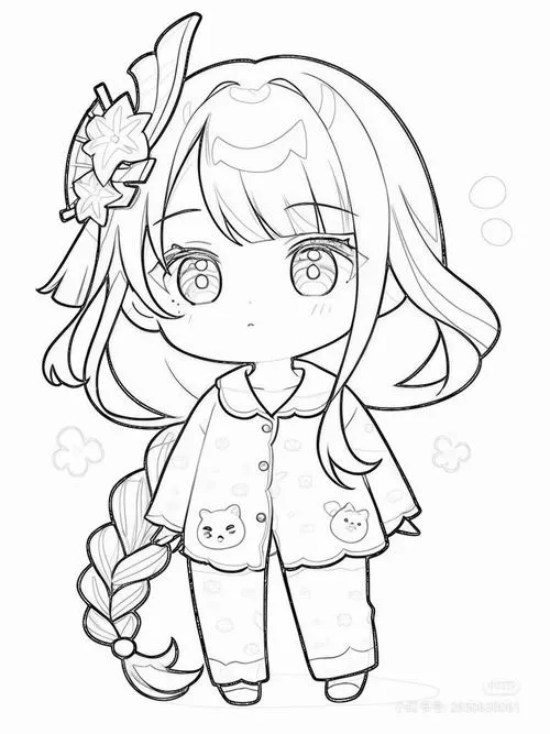 Hình vẽ nhân vật chibi có bé gái tóc ngắn, áo khoác rộng, tay cầm túi nhỏ và ánh mắt tròn hơi ngơ ngác