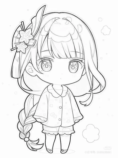 Bản vẽ chibi chưa lên màu có bé gái tóc ngắn tết lệch, áo choàng nhỏ và đôi mắt mở to đáng yêu