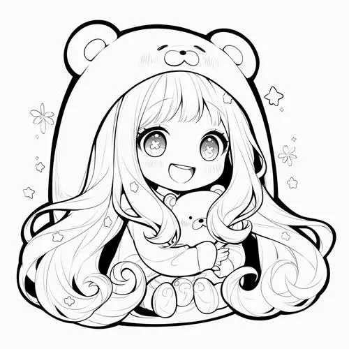 Hình chibi cute có bé gái đội mũ gấu, tóc dài xõa, miệng cười rạng rỡ và khung hình tròn dễ thương