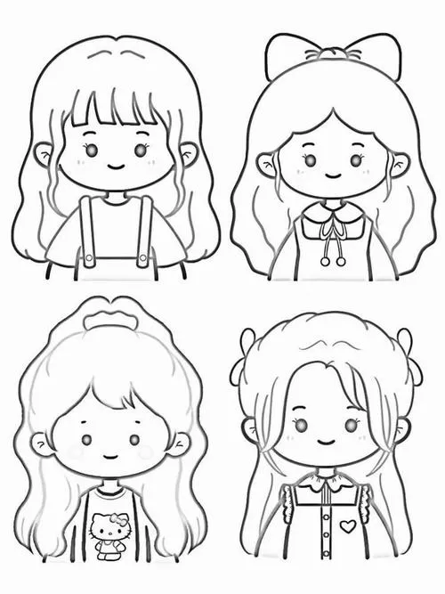 Bộ phác họa chibi gồm bốn gương mặt bé gái khác nhau, tóc ngắn mềm, biểu cảm đơn giản như mẫu luyện vẽ