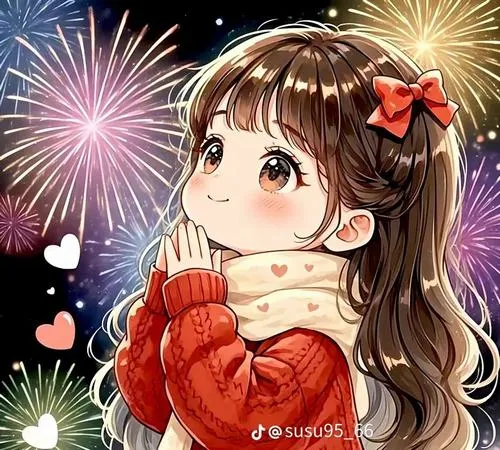 Cô bé áo đỏ ôm tay trước ngực, đứng dưới pháo hoa đêm xuân, mái tóc nâu cài nơ khiến tranh chibi chúc tết thêm ngọt ngào