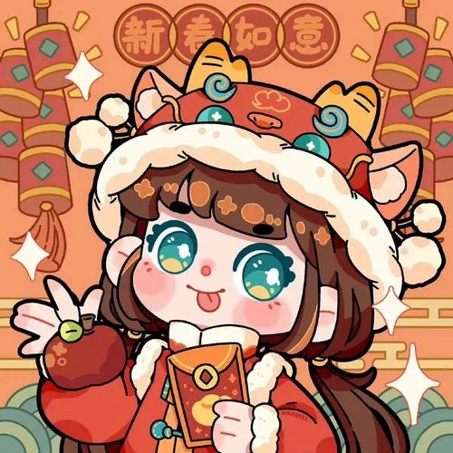 Bé gái chibi cầm ly đỏ và giơ tay chữ V, mũ lân trắng cam nổi bật trên phông lì xì vàng rực và pháo giấy