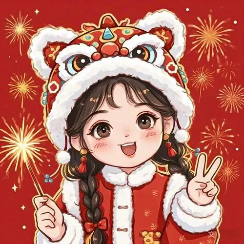 Cô bé đội mũ lân trắng giơ hai tay chữ V, mắt long lanh và nụ cười rộng giữa nền pháo hoa đỏ mang đậm ngày tết