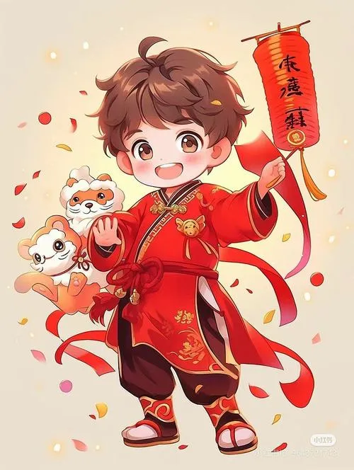 Cậu bé áo đỏ tung dây pháo giấy, tay cầm câu đối nhỏ và cười rạng rỡ giữa nền trắng lấm tấm sắc cam ngày xuân