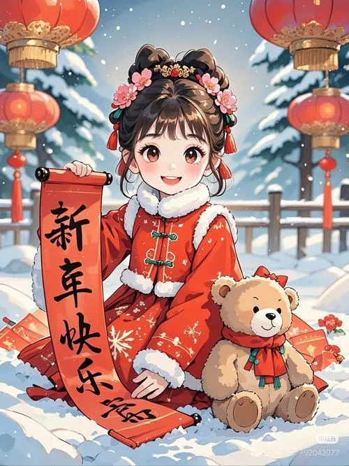 Bé gái mặc áo đỏ đứng trên nền tuyết, tay ôm gấu và câu chúc xuân, đôi mắt tròn khiến ảnh vẽ chibi ngày tết thêm dịu ngọt