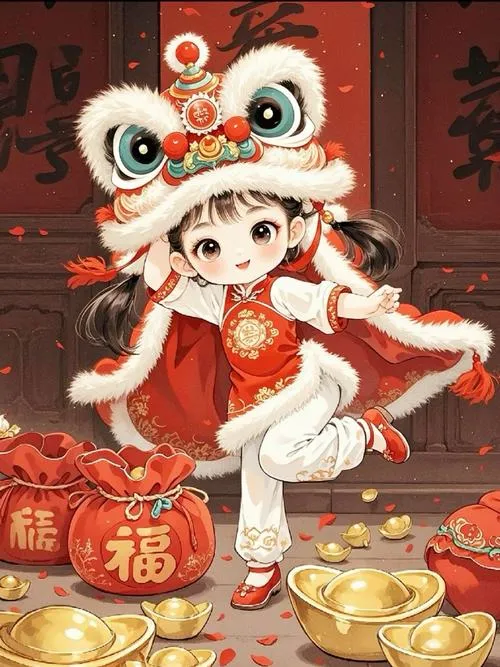 Ảnh avatar cô bé đội mũ lân trắng cười tươi, hai tay cầm quýt vàng giữa mâm tài lộc và nền đỏ ấm áp