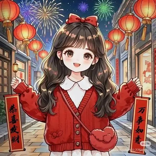 Thiếu nữ áo khoác đỏ dang tay giữa phố đèn lồng, mái tóc dài buộc nơ đen làm hình tết chibi có cảm giác xuân rất trong trẻo