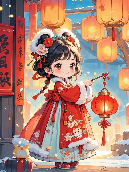 Cô bé mặc áo dài đỏ thêu hoa đứng bên đèn lồng, dáng nghiêng nhẹ và nụ cười mím môi tạo không khí Tết Nguyên Đán rộn ràng
