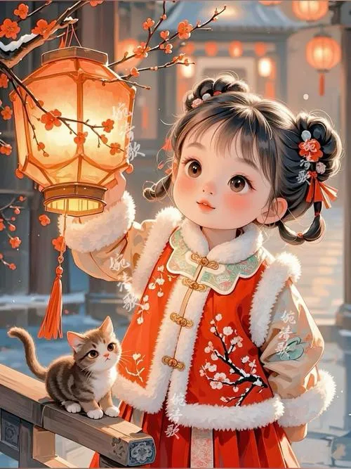 Nhân vật nhỏ áo đỏ cam cầm đèn lồng bên chú mèo, khuôn mặt tròn và phụ kiện tóc hoa làm khung hình thêm mềm mại
