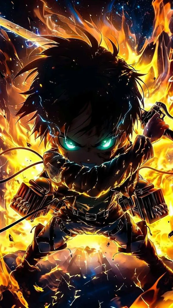 Tấm avatar Eren cách điệu đứng giữa vầng hào quang vàng rực nhờ kỹ thuật đồ họa ấn tượng tạo nên một tổng thể huyền ảo khác biệt.