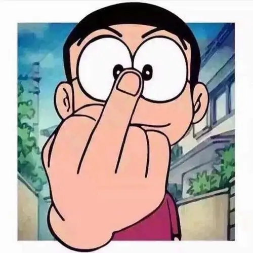 Nobita đưa ngón tay giữa lên sát ống kính, khuôn mặt phóng đại và cặp kính tròn tạo ảnh Nobita hài hước ngang ngược đầy nhây