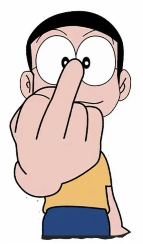 Nobita giơ ngón tay giữa với dáng đứng thẳng, áo vàng quần xanh và nét mặt tỉnh bơ khiến meme Nô bi ta trông bựa mà buồn cười