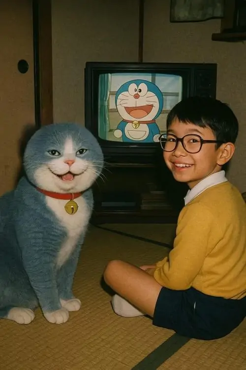 Bạn nhỏ mặc áo vàng ngồi cạnh Doraemon trong căn phòng ấm màu phim cũ, nụ cười hồn nhiên làm ảnh meme Nobita thêm duyên