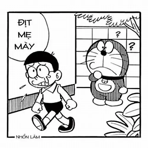 Ảnh meme Nobita trong khung truyện tranh bị mẹ mắng ngoài cửa, dáng chạy nhỏ xíu và vẻ mặt hoảng hốt trông đúng chất số nhọ