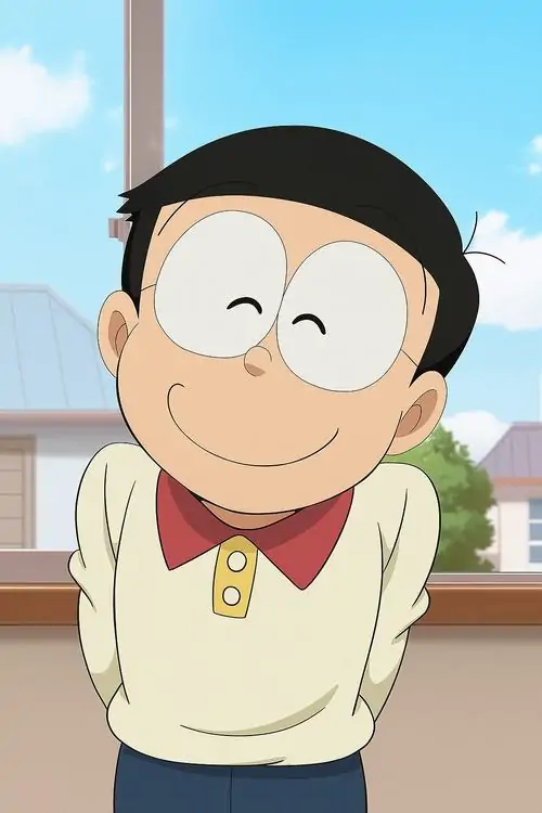 Ảnh chế Nobita mặc áo len vàng nhìn nghiêng giữa nền trời xanh, nụ cười bẽn lẽn hợp kiểu hình hài Nobita dễ thương khi lướt mạng